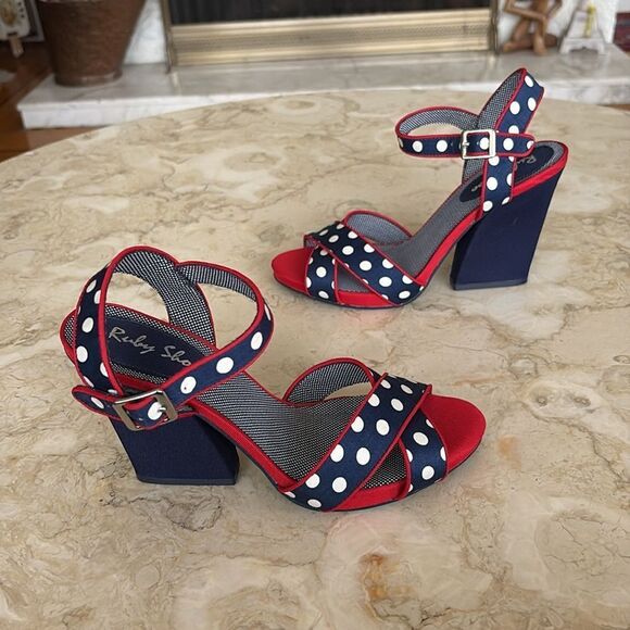 Ruby Shoo Evie Womens Shoes (Navy) Polka Dot Rockabilly Wedge Sandals - Picture 5 of 12